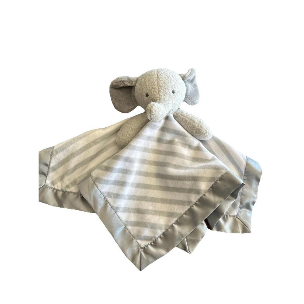 CLOUD ISLAND Elephant Gray White Striped w Satin Baby Security Blanket Lovey Toy
